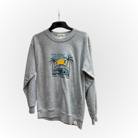 🌵Oversized Crew Neck Sweater - Grey melange Tropical print